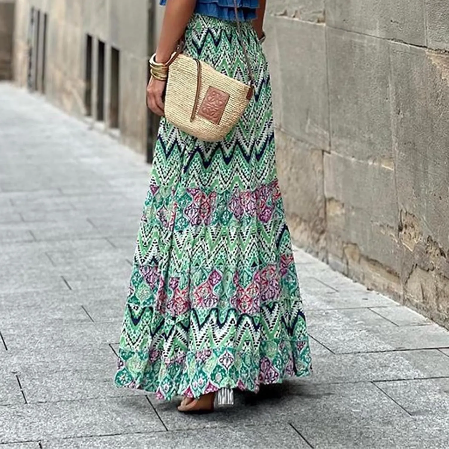 Womens Casual High Waist Maxi Skirts Summer Pleated Flowy Long Skirts Beach Vacation A Line Skirts Holiday Beachwear