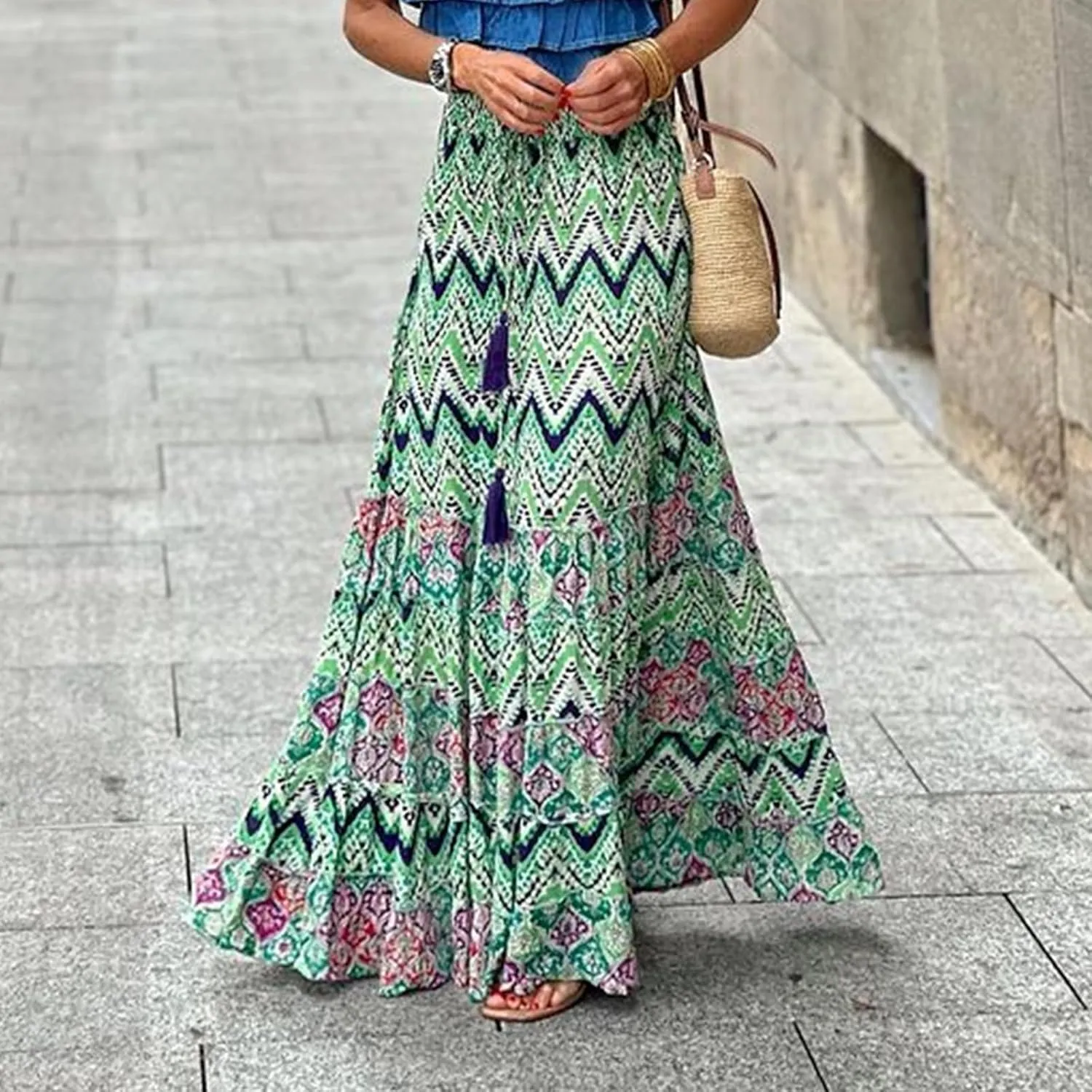 Womens Casual High Waist Maxi Skirts Summer Pleated Flowy Long Skirts Beach Vacation A Line Skirts Holiday Beachwear