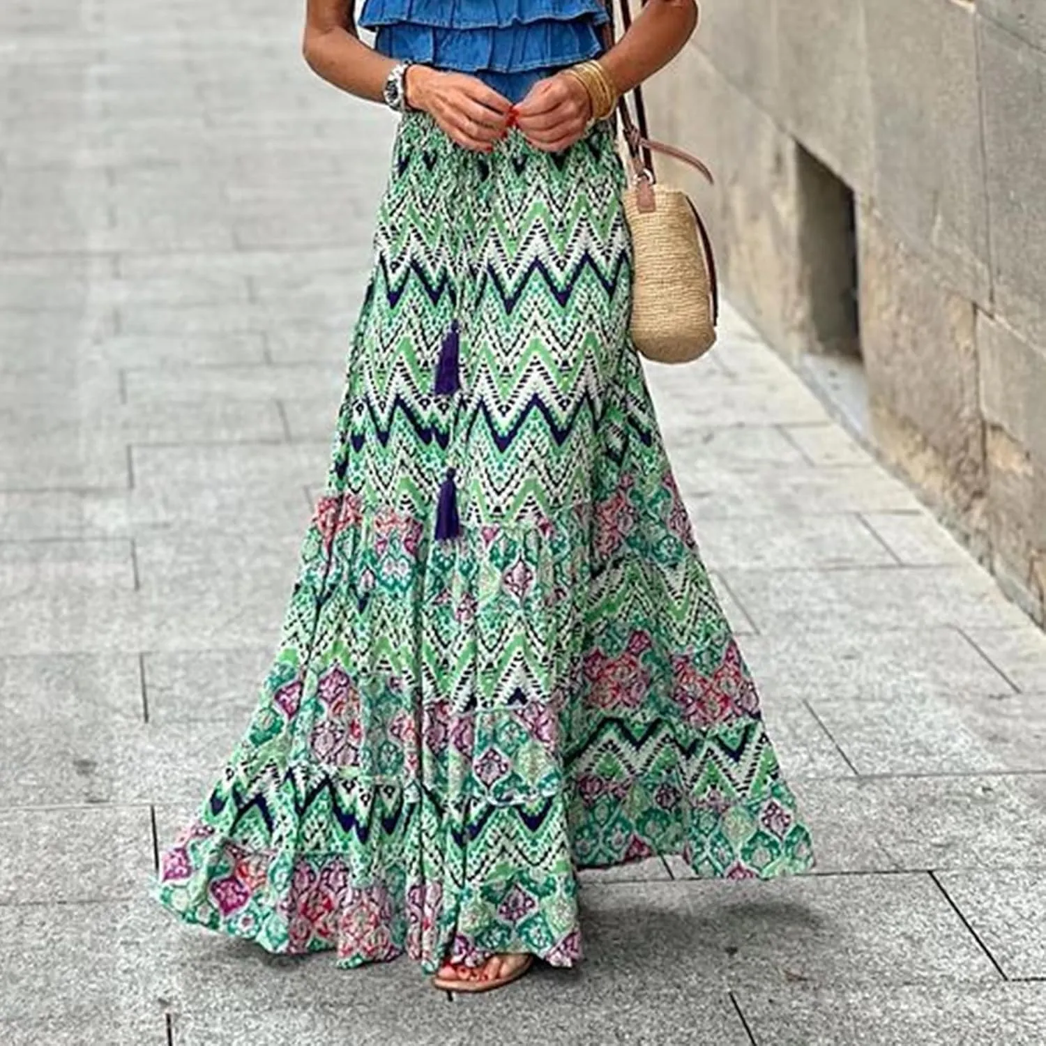 Womens Casual High Waist Maxi Skirts Summer Pleated Flowy Long Skirts Beach Vacation A Line Skirts Holiday Beachwear