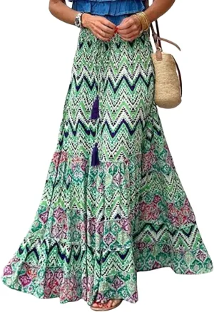 Womens Casual High Waist Maxi Skirts Summer Pleated Flowy Long Skirts Beach Vacation A Line Skirts Holiday Beachwear