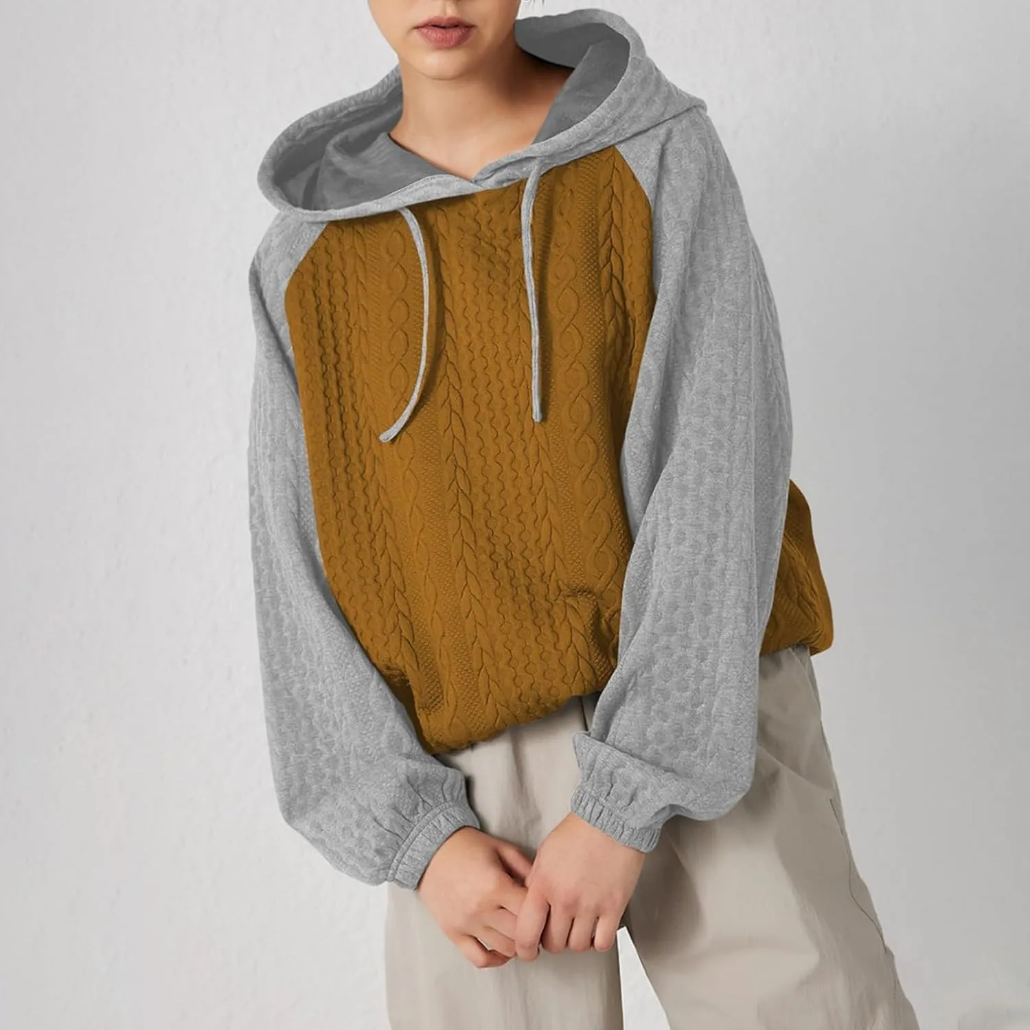 Women's Casual Oversized Hoodies Color Block Long Sleeve Sweatshirt Drawstring Hooded Pullover Top