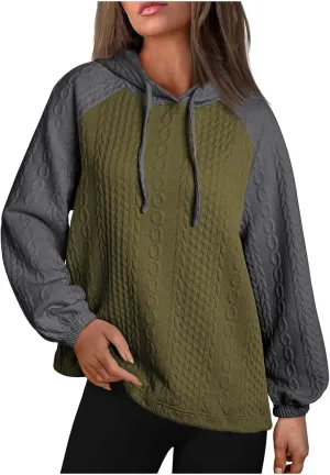 Women's Casual Oversized Hoodies Color Block Long Sleeve Sweatshirt Drawstring Hooded Pullover Top