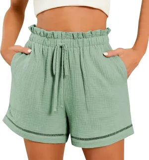 Womens Cotton Shorts Elastic High Waisted Loose Fit Casual Paper Bag Shorts with Pockets Comfy Beach Summer Short Pants 2024