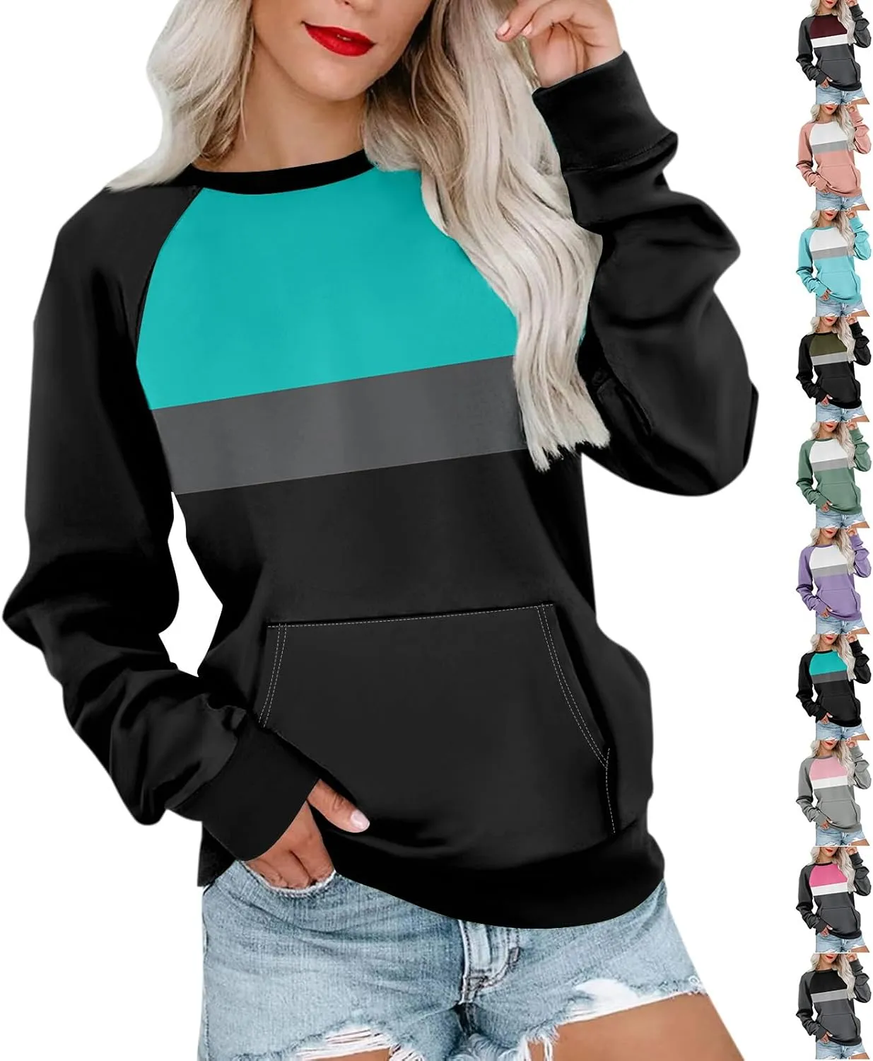 Womens Crewneck Sweatshirt Pullover Trendy Sweatshirts Cute Long Sleeve Y2k Fall Tops Outfits with Pockets