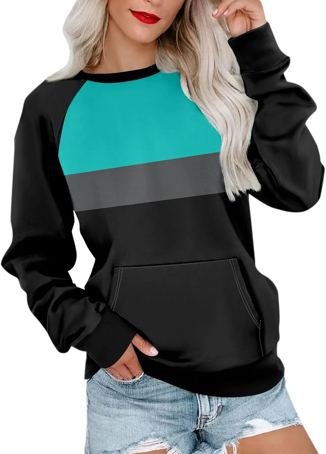 Womens Crewneck Sweatshirt Pullover Trendy Sweatshirts Cute Long Sleeve Y2k Fall Tops Outfits with Pockets
