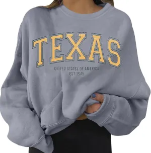 Womens Crewneck Sweatshirt Texas Sweatshirt For Women Letter Graphic Crewneck Oversized Casual Tops Teen Athletic Long Sleeve 2024 Fall Pullover Grey X-Large