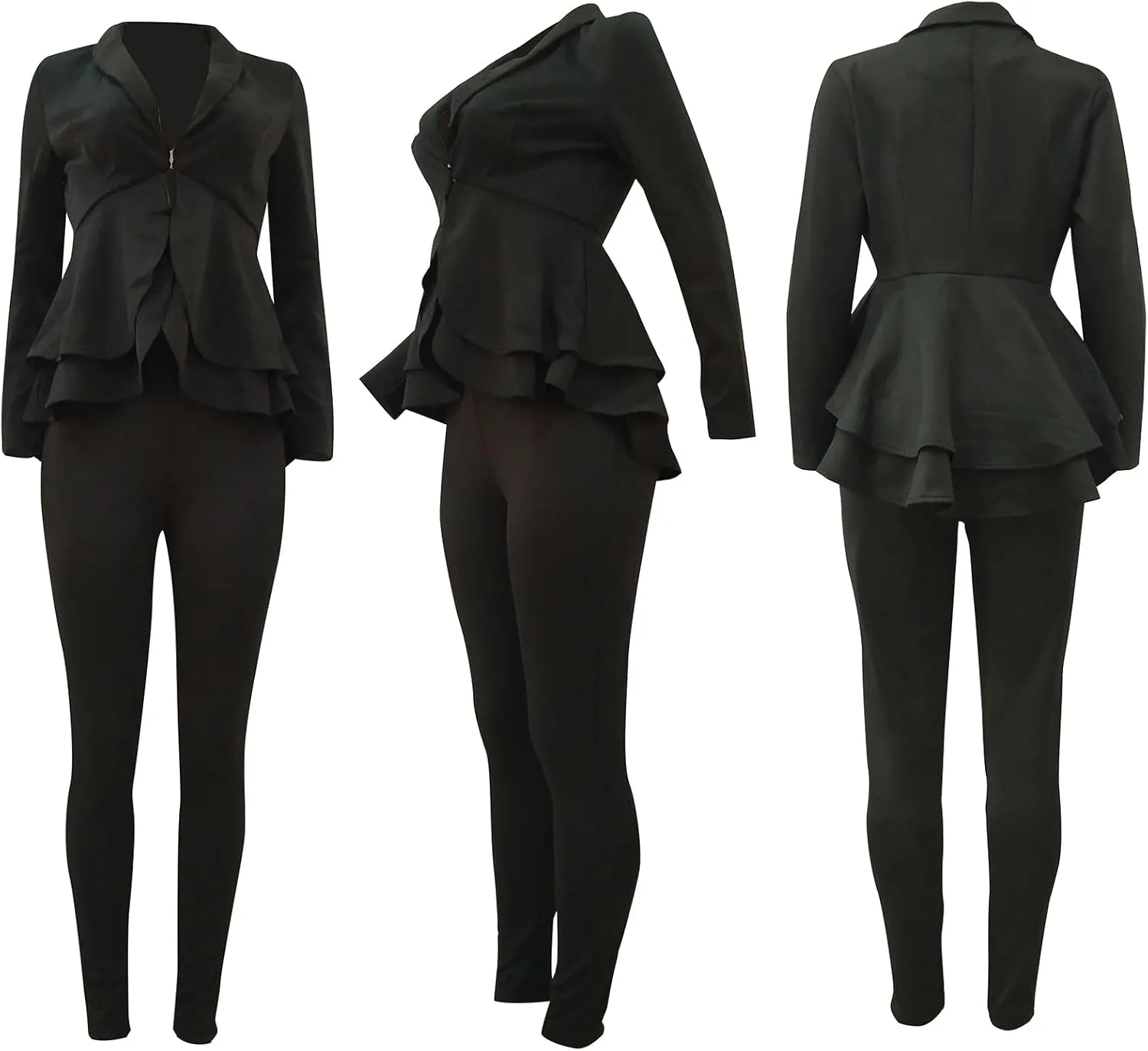 Women's Deep V Neck Ruffle Blazer Two Piece Outfits Sets Long Sleeve Long Pants Bodycon Business Suit Set