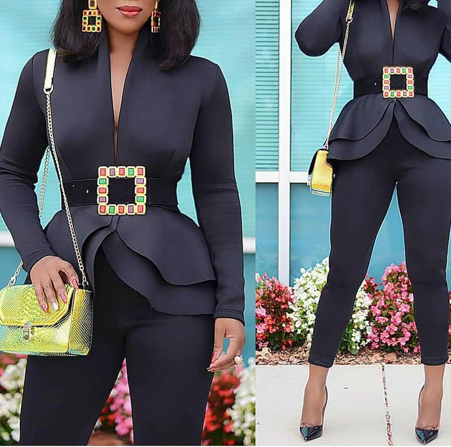 Women's Deep V Neck Ruffle Blazer Two Piece Outfits Sets Long Sleeve Long Pants Bodycon Business Suit Set