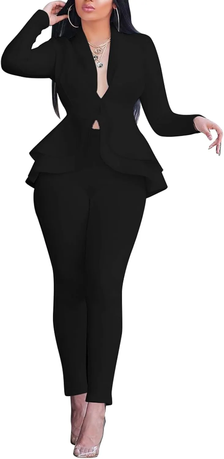 Women's Deep V Neck Ruffle Blazer Two Piece Outfits Sets Long Sleeve Long Pants Bodycon Business Suit Set