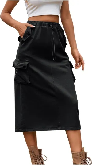 Women's Denim Cargo Long Skirts Elastic High Waisted Pencil Skirt Casual Midi Length Jean Skirt with Cargo Pockets