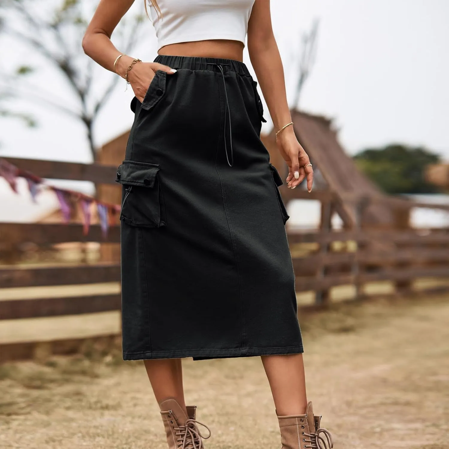 Women's Denim Cargo Long Skirts Elastic High Waisted Pencil Skirt Casual Midi Length Jean Skirt with Cargo Pockets
