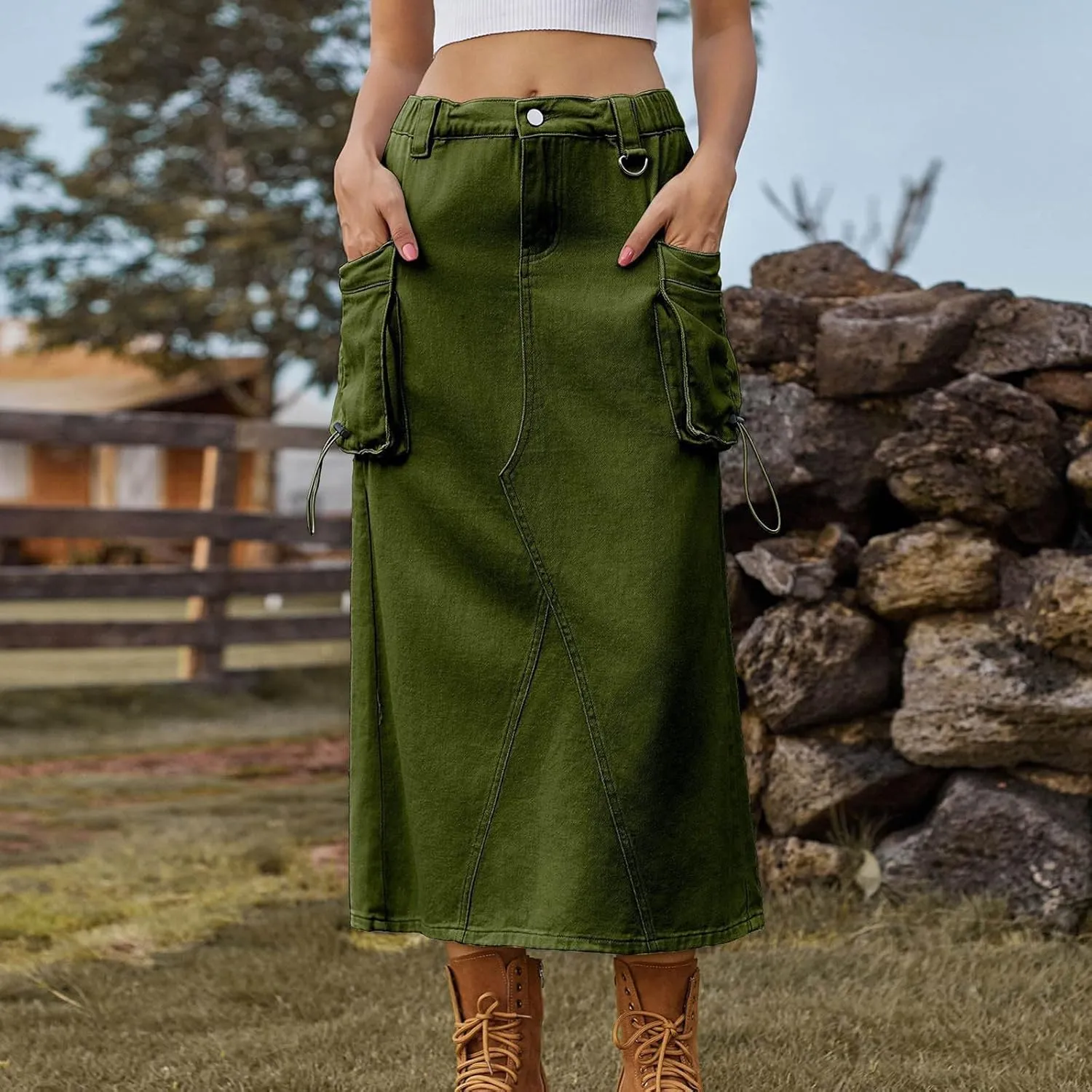 Women's Denim Cargo Skirt Elastic High Waisted Pencil Skirts Casual Button Midi Long Jean Skirt with Cargo Pockets