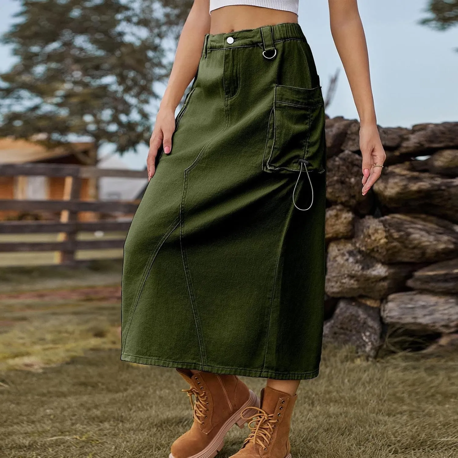 Women's Denim Cargo Skirt Elastic High Waisted Pencil Skirts Casual Button Midi Long Jean Skirt with Cargo Pockets