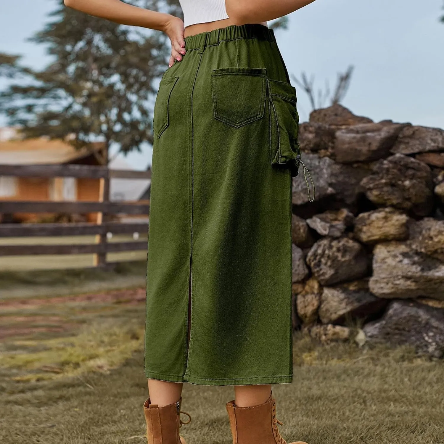 Women's Denim Cargo Skirt Elastic High Waisted Pencil Skirts Casual Button Midi Long Jean Skirt with Cargo Pockets