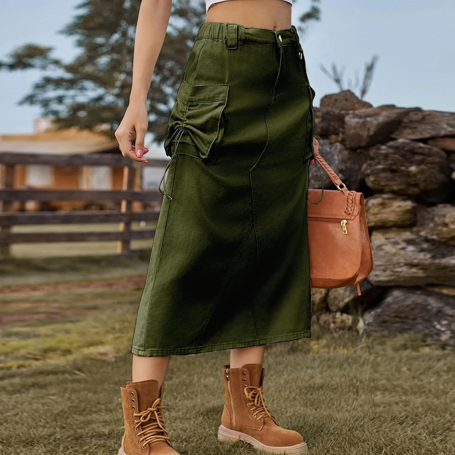 Women's Denim Cargo Skirt Elastic High Waisted Pencil Skirts Casual Button Midi Long Jean Skirt with Cargo Pockets