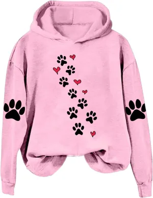 Womens Dog Paw Print Hoodies Cute Funny Heart Graphic Sweatshirts Casual Loose Fit Long Sleeve Hooded Pullover Tops