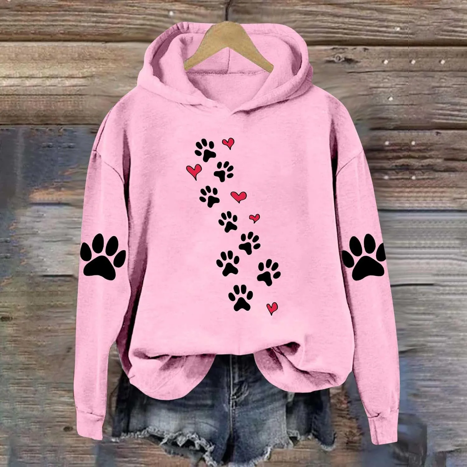 Womens Dog Paw Print Hoodies Cute Funny Heart Graphic Sweatshirts Casual Loose Fit Long Sleeve Hooded Pullover Tops