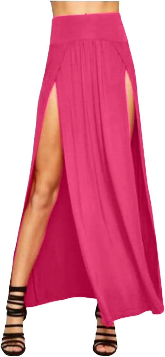Womens Double Split Maxi Long Skirt Ladies Plain Basic Two Side Slit 4 22 Skirts Plus Size Elastic Waist