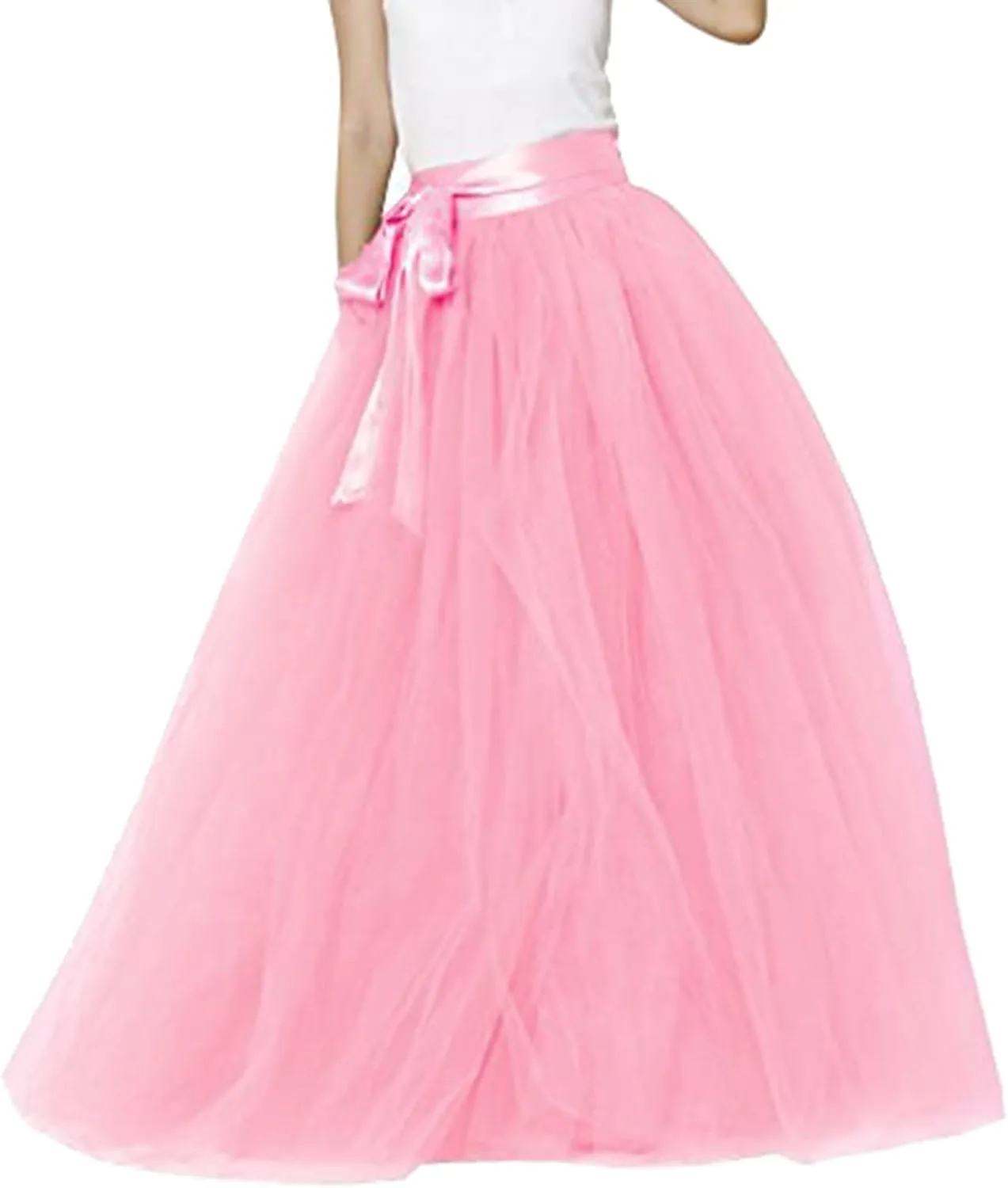 Women's Elastic High Waist Lace Up Puffy Skirt Solid Color Mesh Long Skirt Big Hem Ankle Length Maxi Skirt