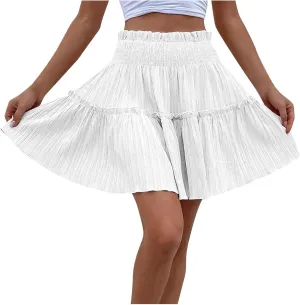 Women's Elastic Waist Pleated Ruffle Mini Skirt Flowy Swing Summer Cute Beach Boho Skirt Solid Color Comfy Skirt