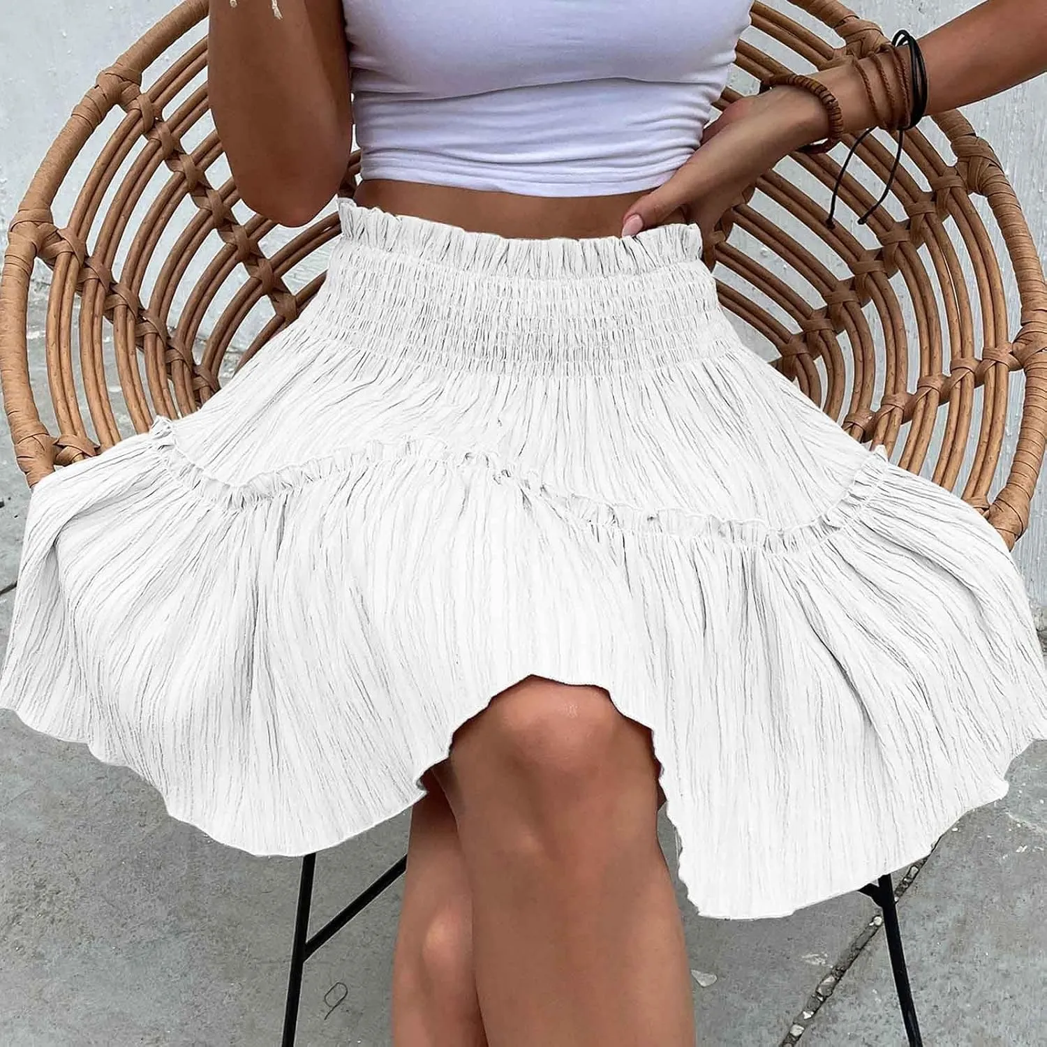 Women's Elastic Waist Pleated Ruffle Mini Skirt Flowy Swing Summer Cute Beach Boho Skirt Solid Color Comfy Skirt