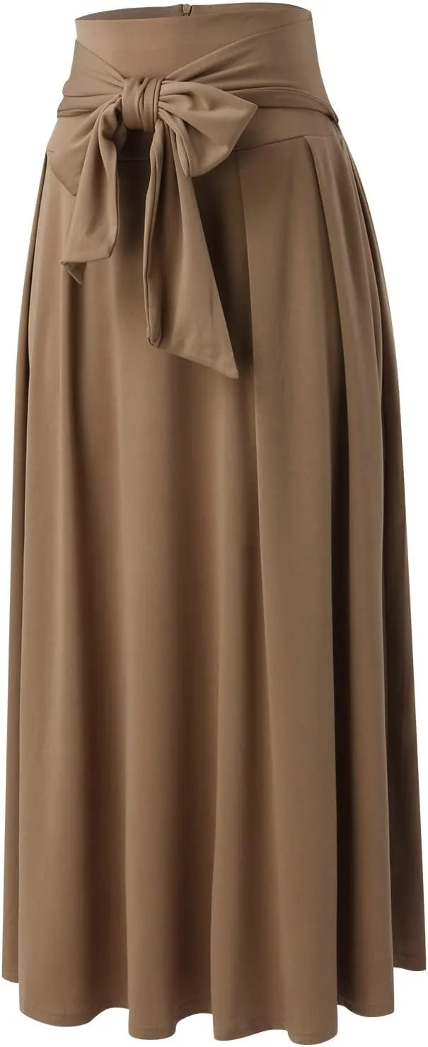 Women's Elegant High Waist Skirt Casual Solid Color Pleated Long Skirt Tie Front Ankle Length Maxi Skirts