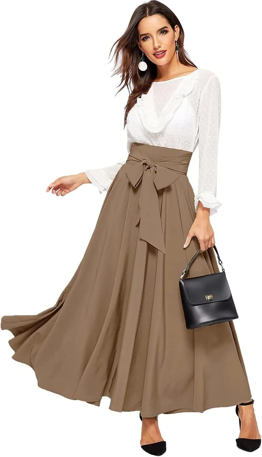 Women's Elegant High Waist Skirt Casual Solid Color Pleated Long Skirt Tie Front Ankle Length Maxi Skirts