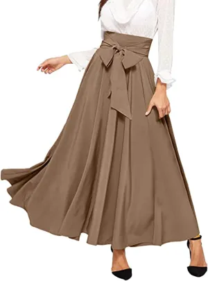 Women's Elegant High Waist Skirt Casual Solid Color Pleated Long Skirt Tie Front Ankle Length Maxi Skirts