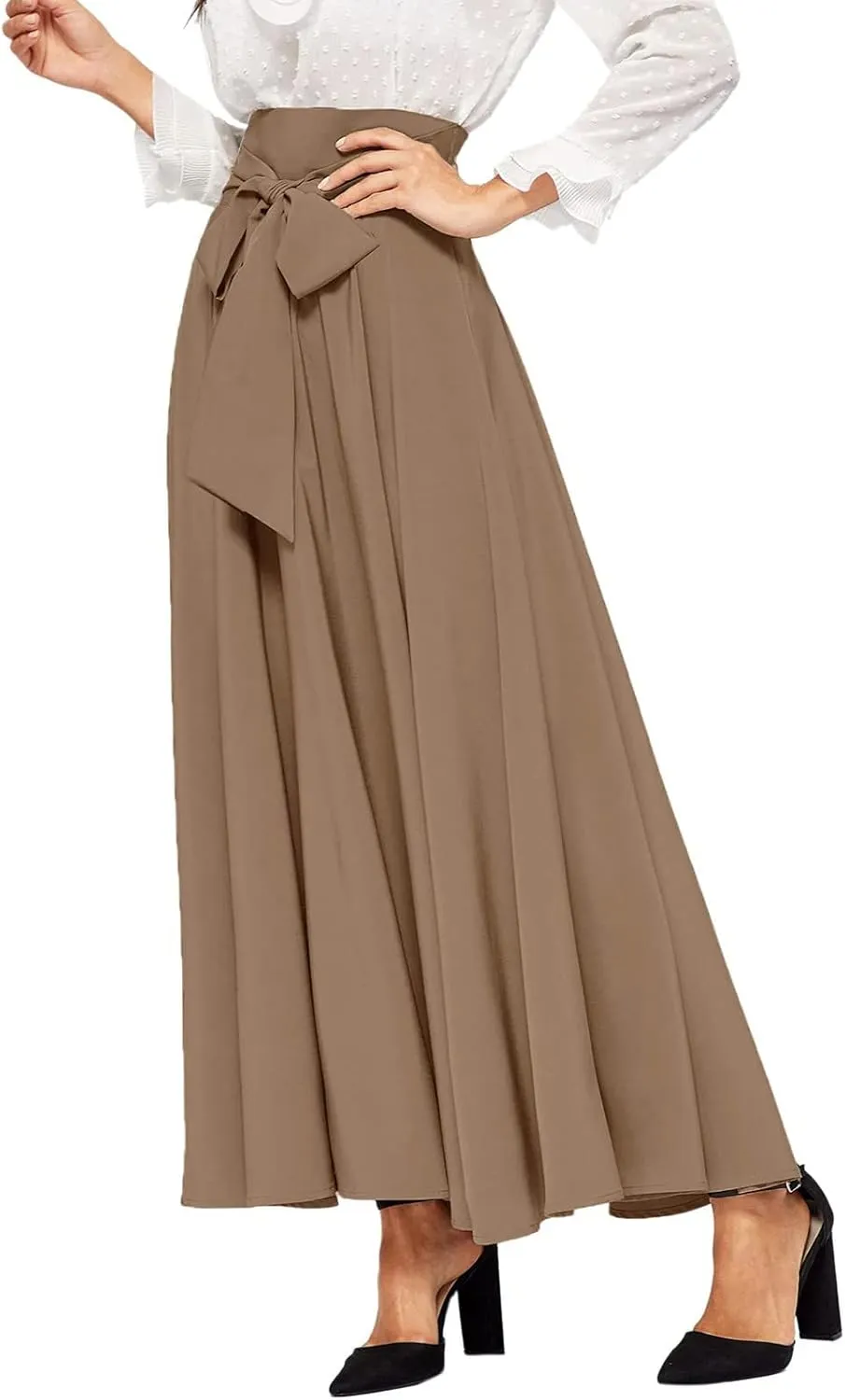 Women's Elegant High Waist Skirt Casual Solid Color Pleated Long Skirt Tie Front Ankle Length Maxi Skirts