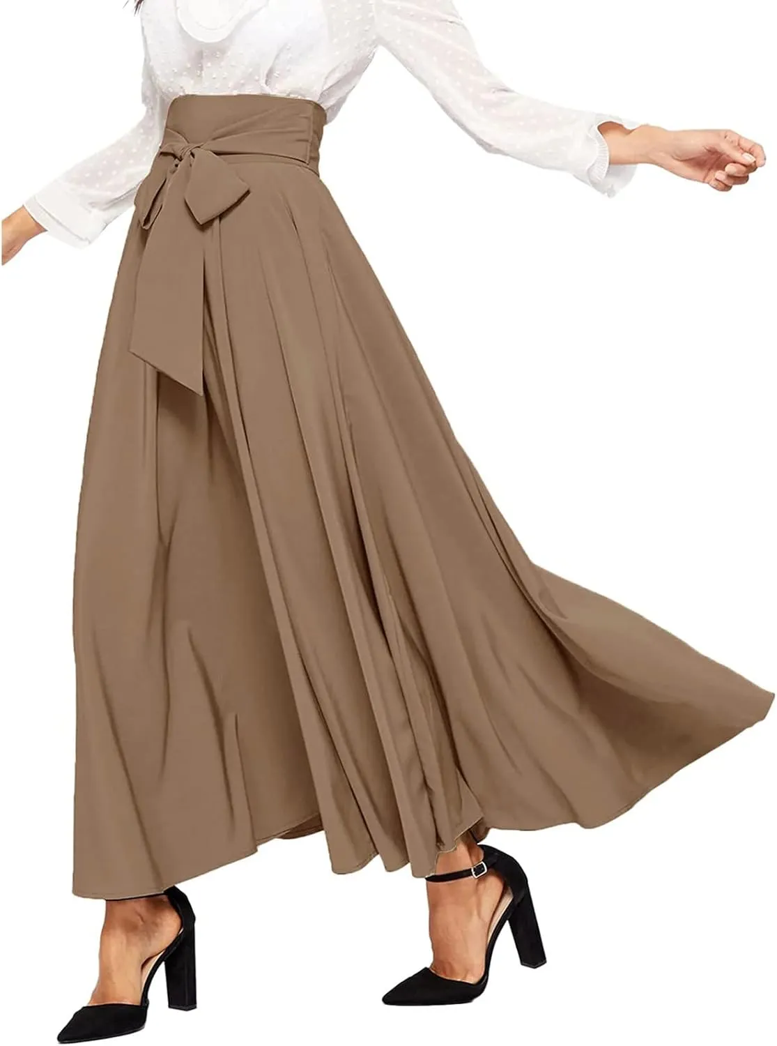 Women's Elegant High Waist Skirt Casual Solid Color Pleated Long Skirt Tie Front Ankle Length Maxi Skirts