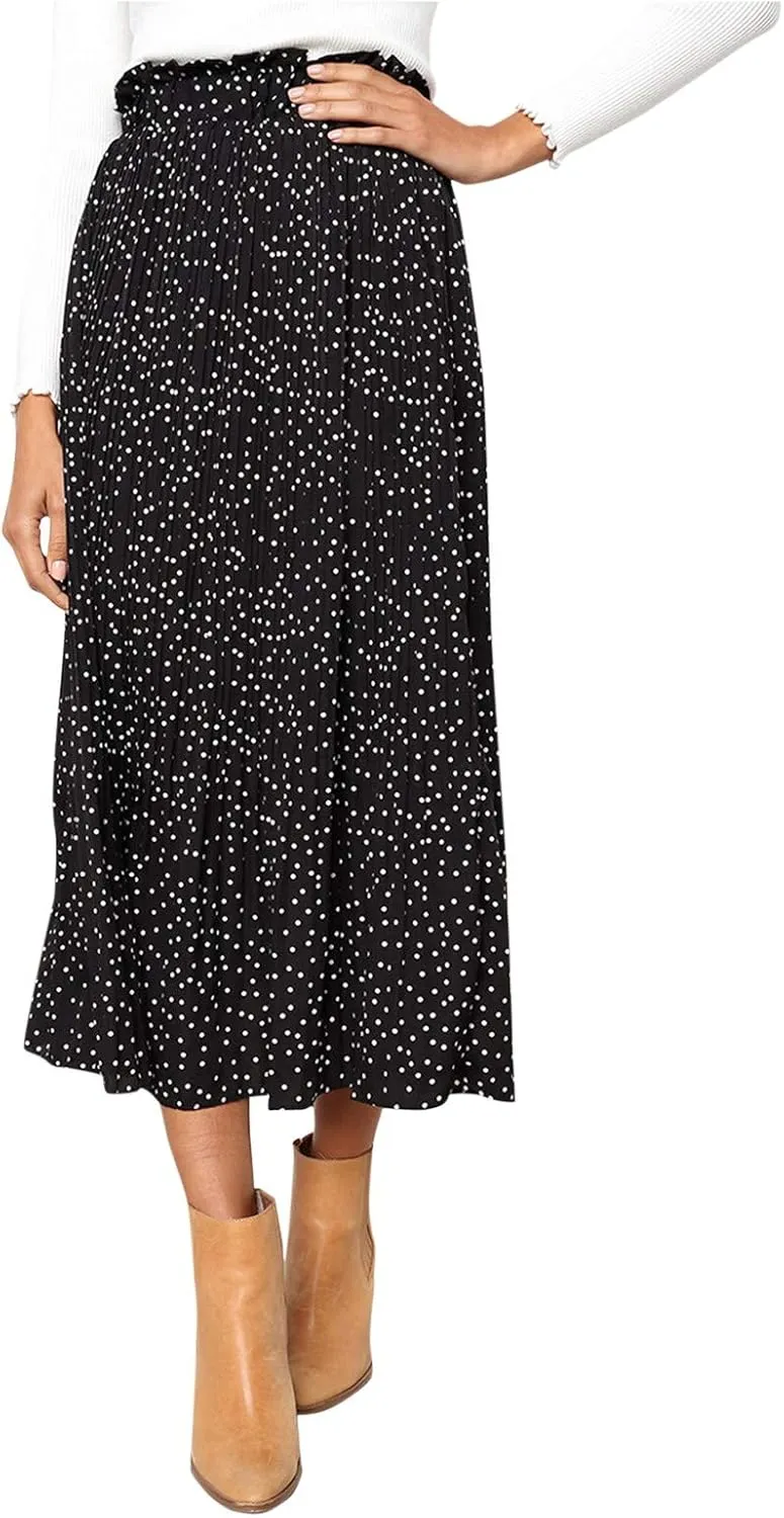 Women's Elegant Long Maxi Skirt Dot Women's Pleated Midi Casual Waist Maxi Skirt Pleated Cheer Skirt Ankle Skirts