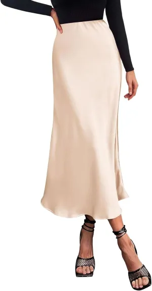 Womens Elegant Midi Skirt High Waisted Solid Satin Dress Work Skirts Party Wedding Flared A-Line Skirts