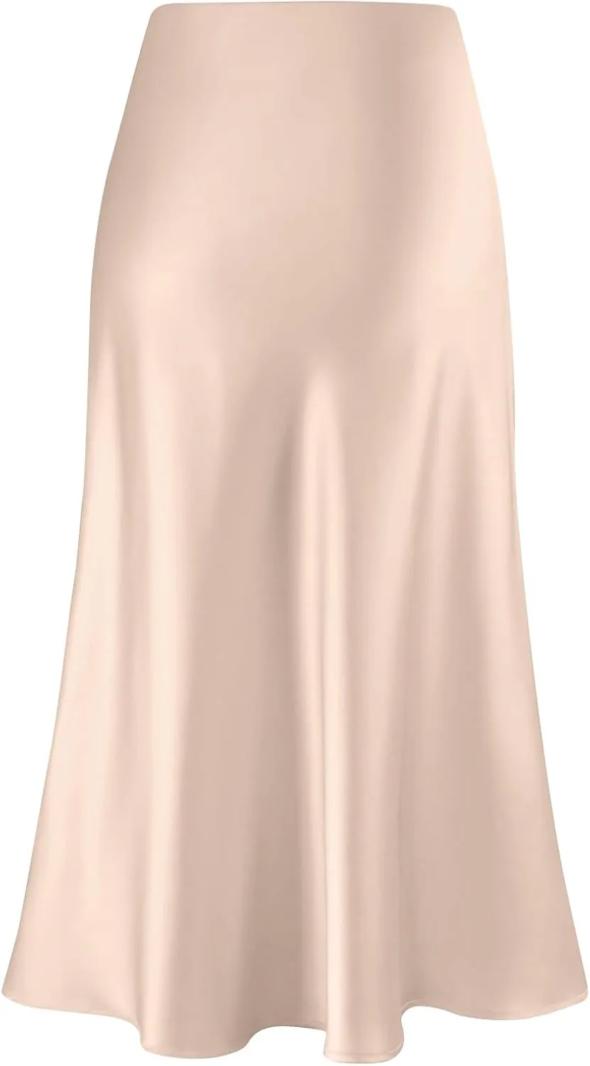 Womens Elegant Midi Skirt High Waisted Solid Satin Dress Work Skirts Party Wedding Flared A-Line Skirts