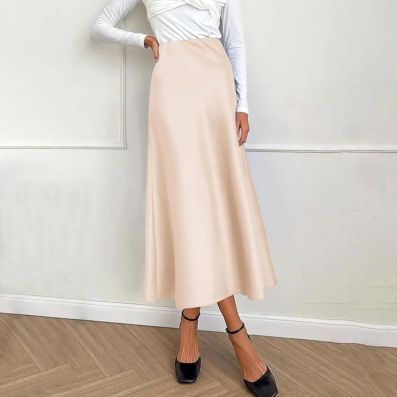 Womens Elegant Midi Skirt High Waisted Solid Satin Dress Work Skirts Party Wedding Flared A-Line Skirts