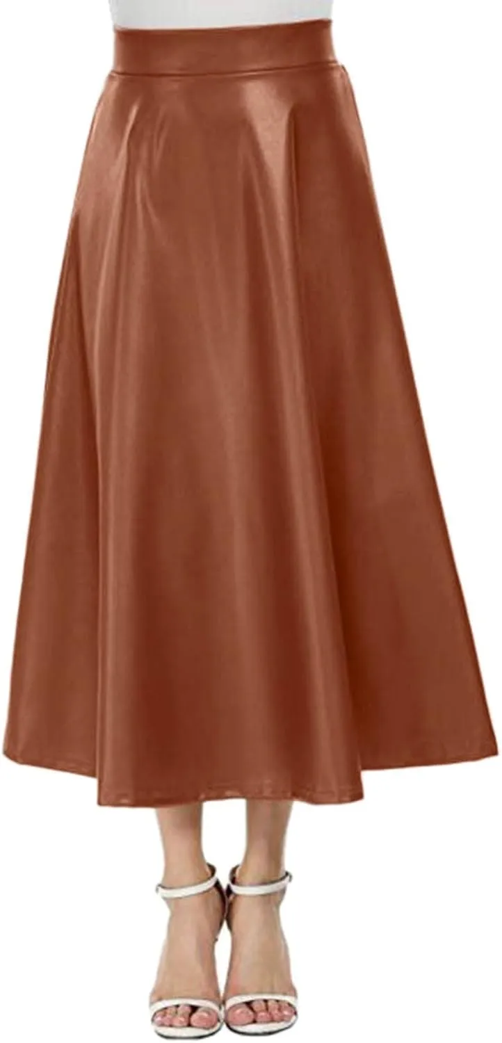 Womens Faux Leather Skirts Casual High Waist Midi Skirt Fashion Slim A Line Pleated Skirt Fall Warm Knee Length Skirt