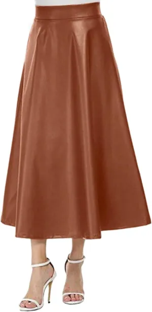 Womens Faux Leather Skirts Casual High Waist Midi Skirt Fashion Slim A Line Pleated Skirt Fall Warm Knee Length Skirt