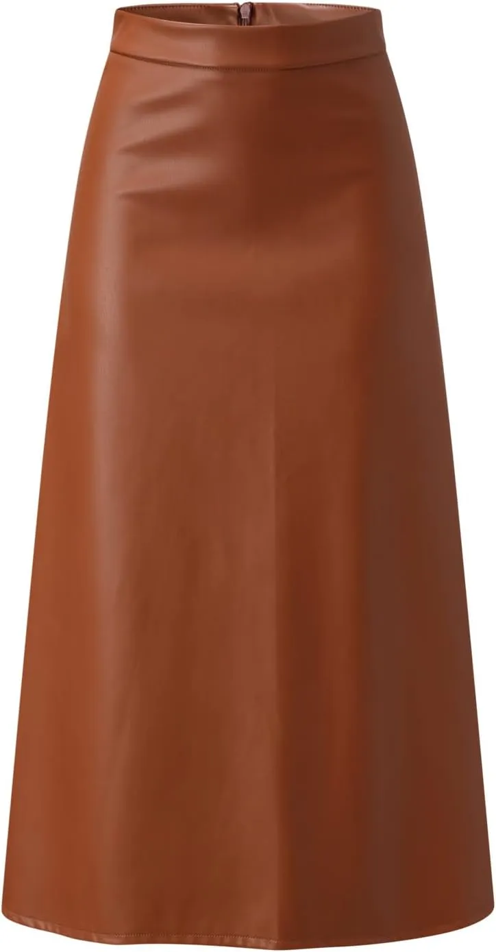 Womens Faux Leather Skirts Casual High Waist Midi Skirt Fashion Slim A Line Pleated Skirt Fall Warm Knee Length Skirt