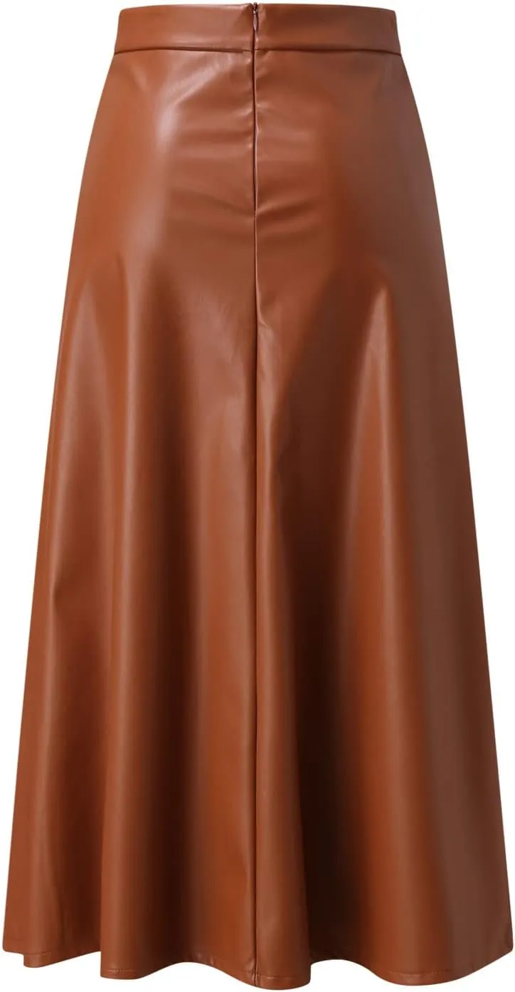 Womens Faux Leather Skirts Casual High Waist Midi Skirt Fashion Slim A Line Pleated Skirt Fall Warm Knee Length Skirt