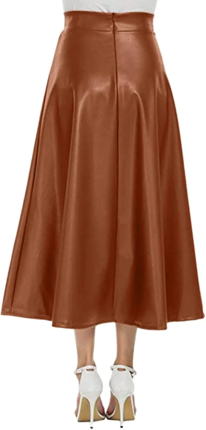 Womens Faux Leather Skirts Casual High Waist Midi Skirt Fashion Slim A Line Pleated Skirt Fall Warm Knee Length Skirt