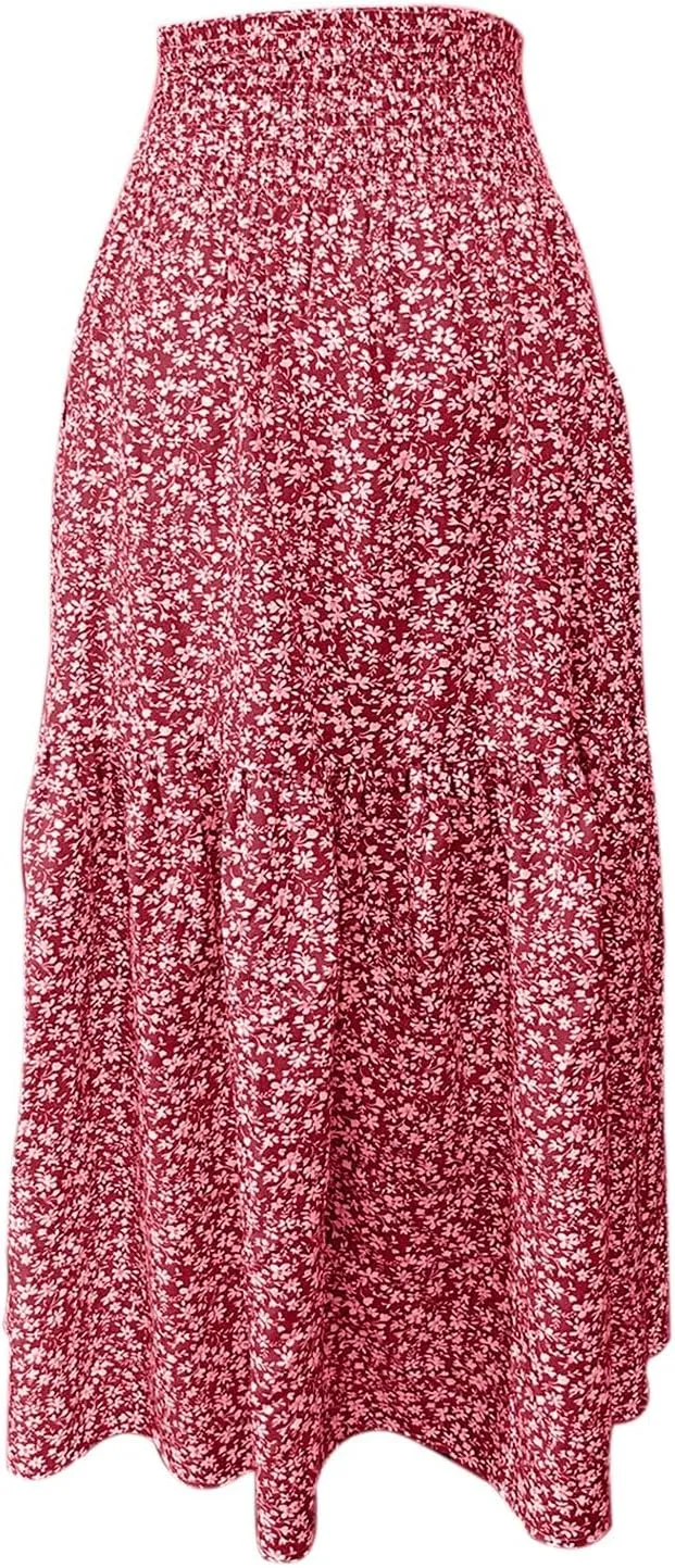 Womens Floral Maxi Skirts 2025 Summer Boho Ruffle Long Skirts for Women Women's A-Line Midi Skirt Flowy Dresses