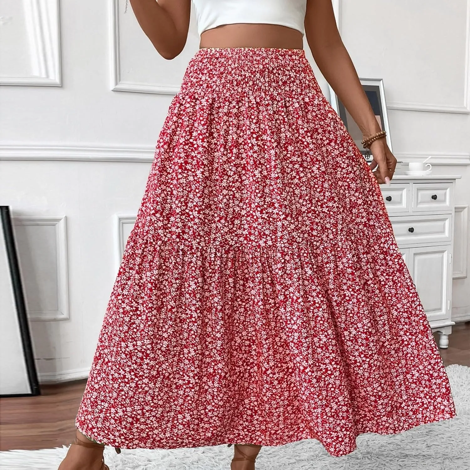 Womens Floral Maxi Skirts 2025 Summer Boho Ruffle Long Skirts for Women Women's A-Line Midi Skirt Flowy Dresses