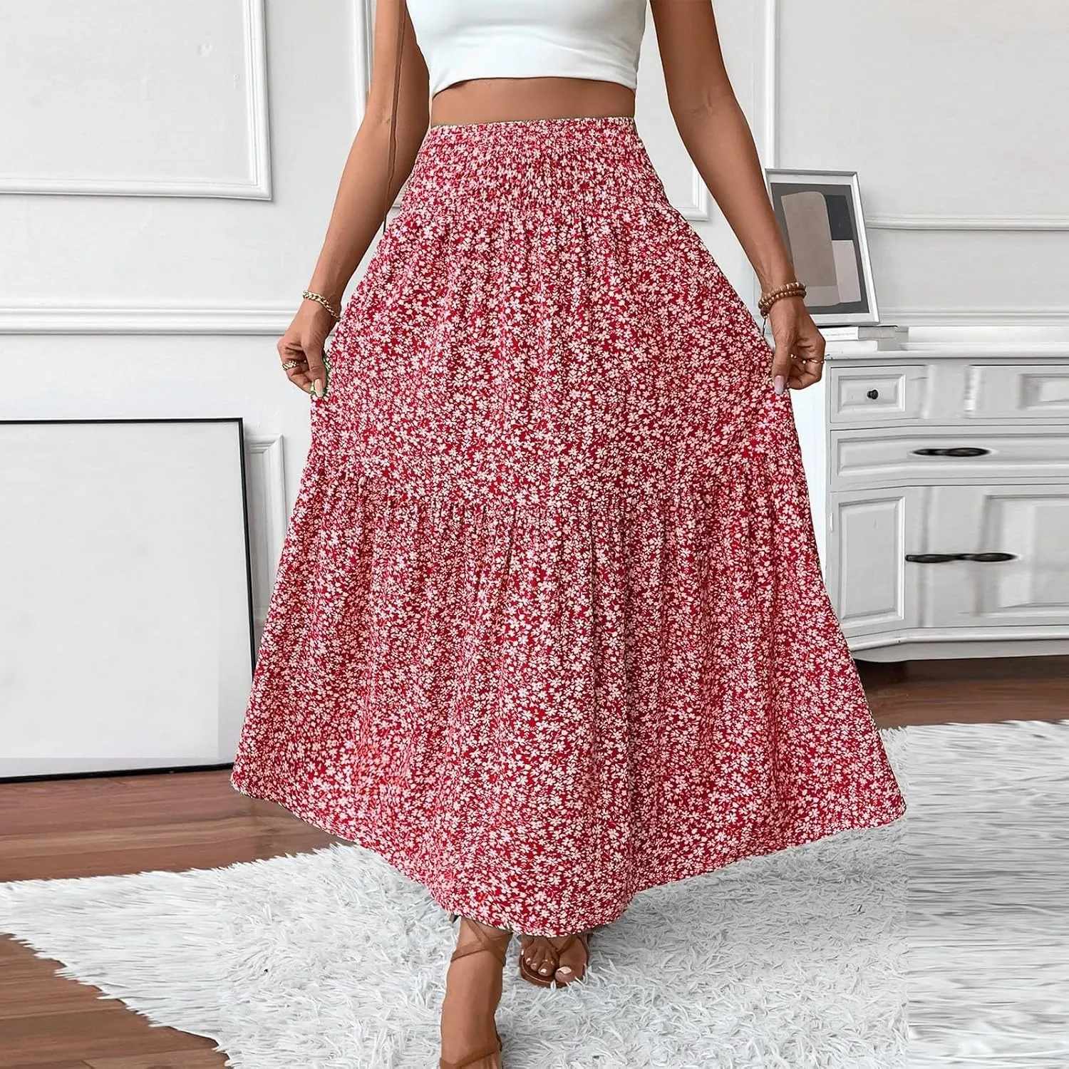 Womens Floral Maxi Skirts 2025 Summer Boho Ruffle Long Skirts for Women Women's A-Line Midi Skirt Flowy Dresses