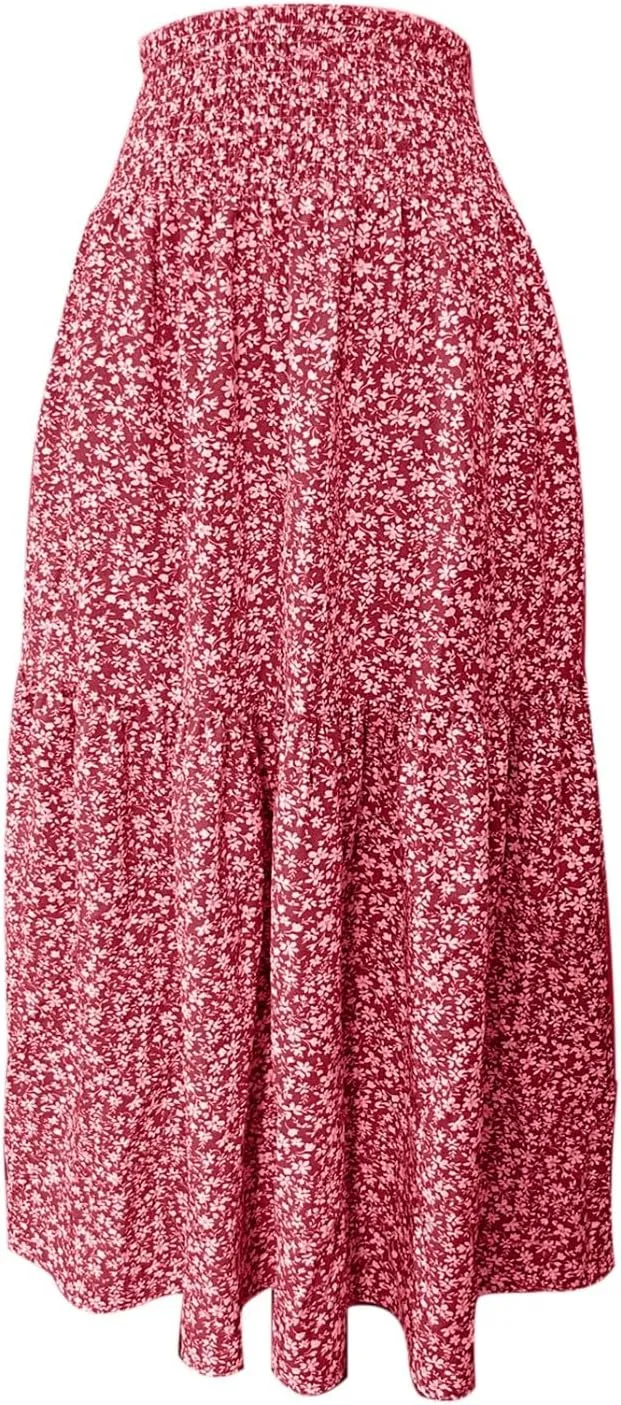 Womens Floral Maxi Skirts 2025 Summer Boho Ruffle Long Skirts for Women Women's A-Line Midi Skirt Flowy Dresses