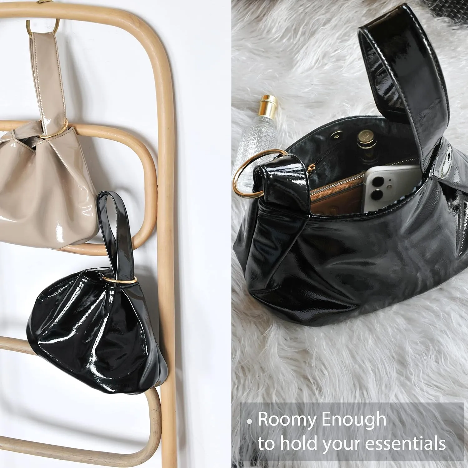 Women's Glossy Clutch Patent Vegan Leather Hobo Top Handle Bag Small Tote
