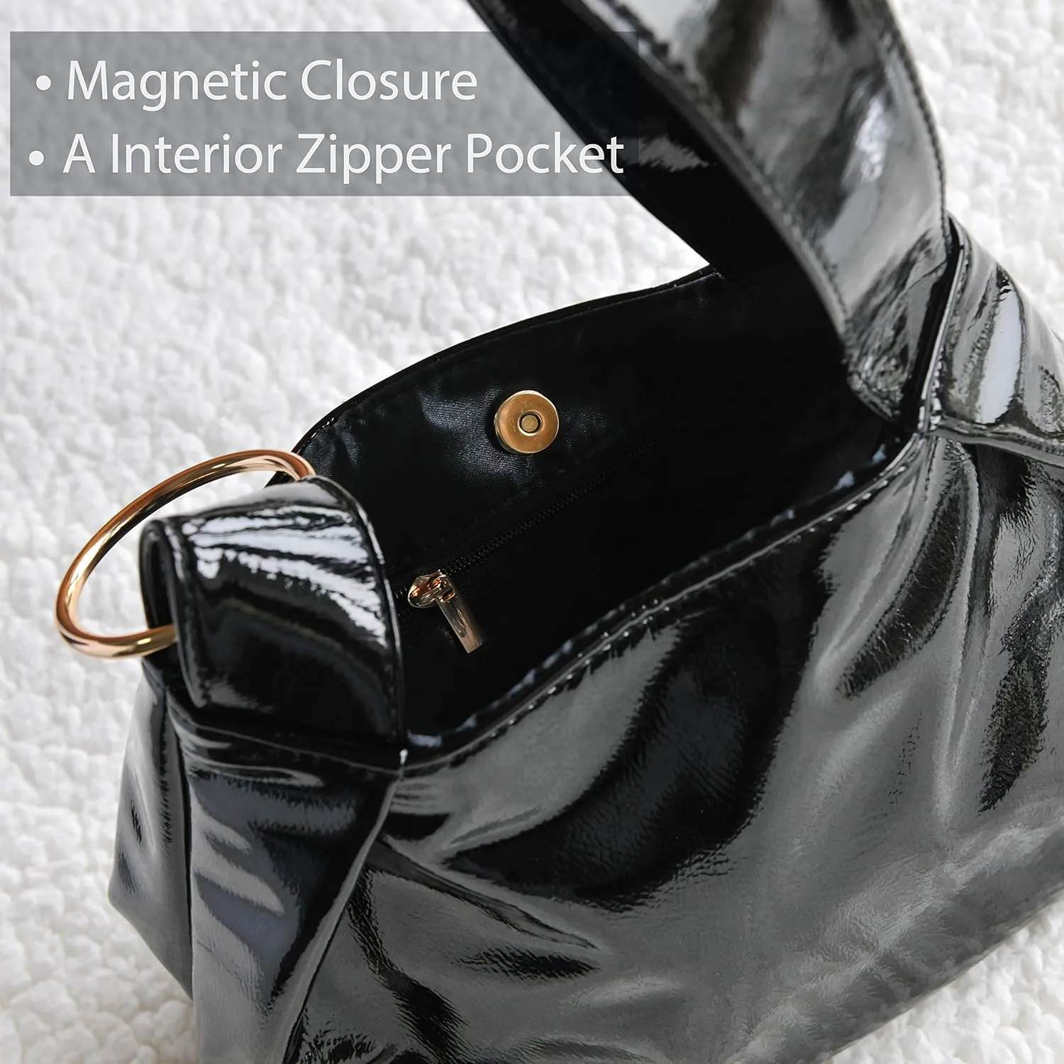 Women's Glossy Clutch Patent Vegan Leather Hobo Top Handle Bag Small Tote