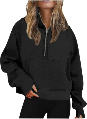 Women's Half Zip Up Hoodie Long Sleeve Hooded Sweatshirt Solid Color Oversized Sweatshirt Casual Sweaters for Trendy