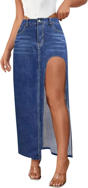 Women's High Slit Denim Skirt Sexy Slim Fit Maxi Long Pencil Jean Skirt High Waisted Distressed Bodycon Denim Skirts