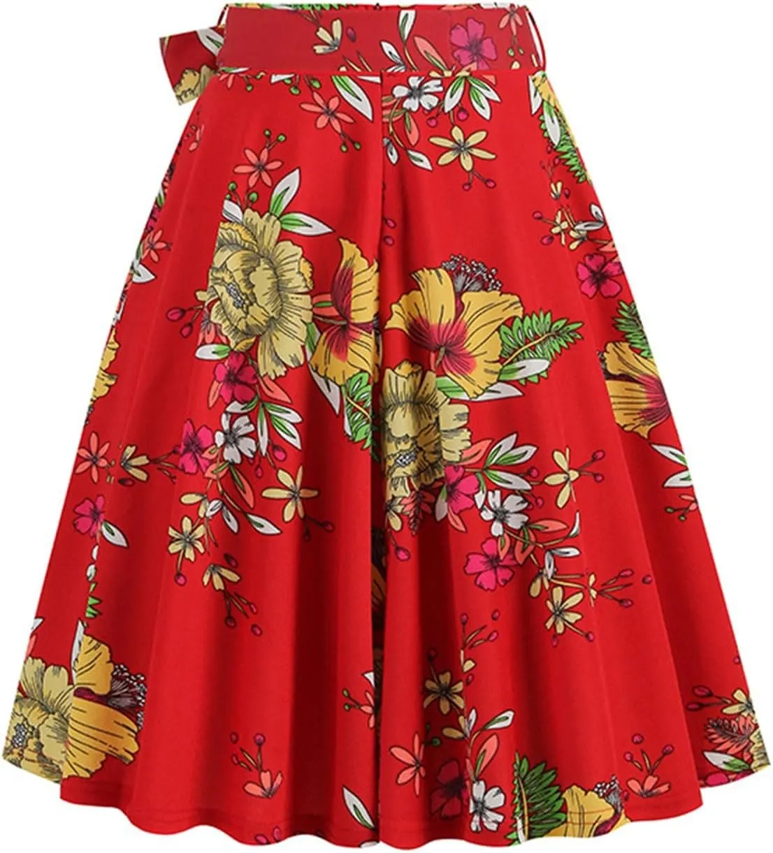 Women's High Waist A-Line Skirts Vintage Floral Print Flared Skirt 1950s Belted Midi Skirt Knee Length Skirts