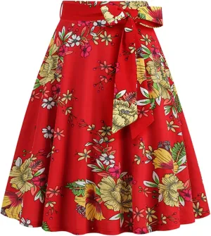 Women's High Waist A-Line Skirts Vintage Floral Print Flared Skirt 1950s Belted Midi Skirt Knee Length Skirts