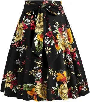 Women's High Waist A-Line Skirts Vintage Floral Print Flared Skirt 1950s Belted Midi Skirt Knee Length Skirts